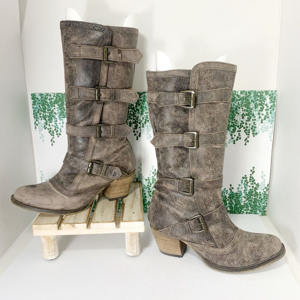 Dingo Weathered Leather Four Buckle Stacked Heel Boots Size 7.5